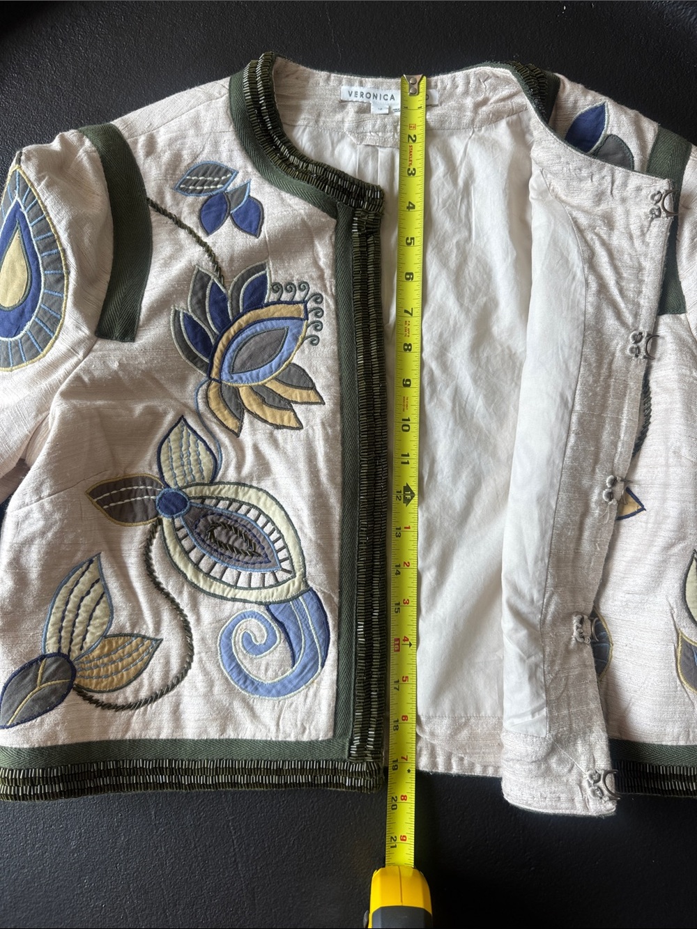 Veronica Beard Cream Cropped Jacket with Olive Trim & Blue Embroidery - Picture 6 of 8